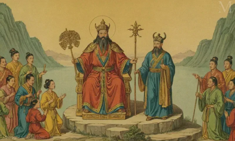 Imagen vintage de La Batalla Contra Chi Yu, gobernante celestial chino y guerrero en la mitología.