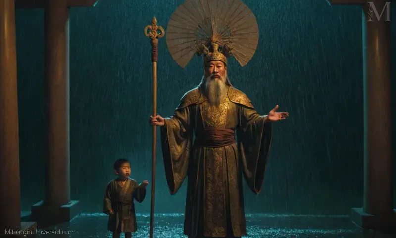 Ilustración vintage de El Canteo, el dios chino de la lluvia, y su invocación de la lluvia.
