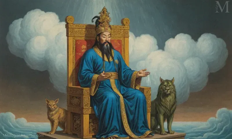 Ilustración de Shennong, el dios chino asociado con la lluvia y el verano en la mitología clásica. La pintura le muestra sentado en un trono en medio de nubes, y las gotas de lluvia caen de arriba. En esta obra de arte, es representado como un dios poderoso, sabio y benevolente que refleja su papel como símbolo de renovación para China.