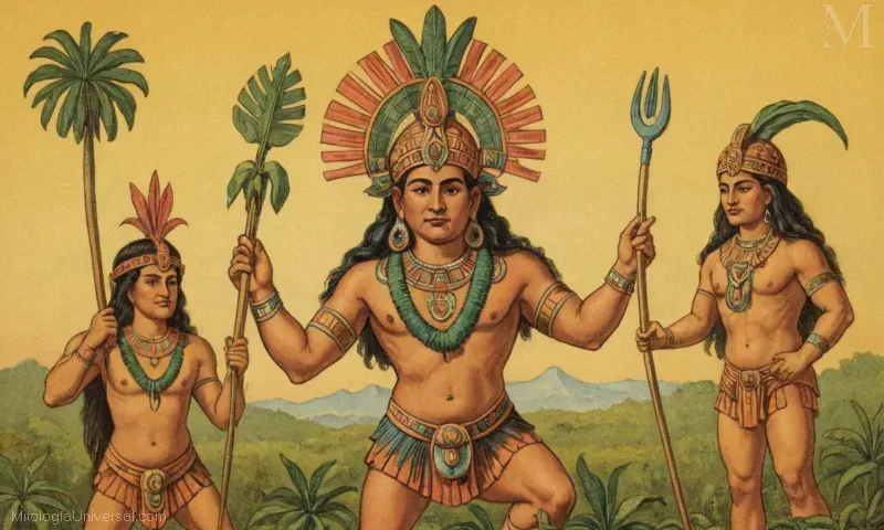 Ilustración vintage de la deidad maya Yum Kaax (Yum Kaax), simbolizando la agricultura y la fertilidad, como parte de una antigua práctica de culto maya.