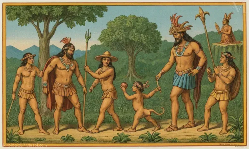 Ilustración vintage de Orígenes Míticos y Leyendas de Yum Kaax, la figura divina en la mitología maya que representa la agricultura y la fertilidad.