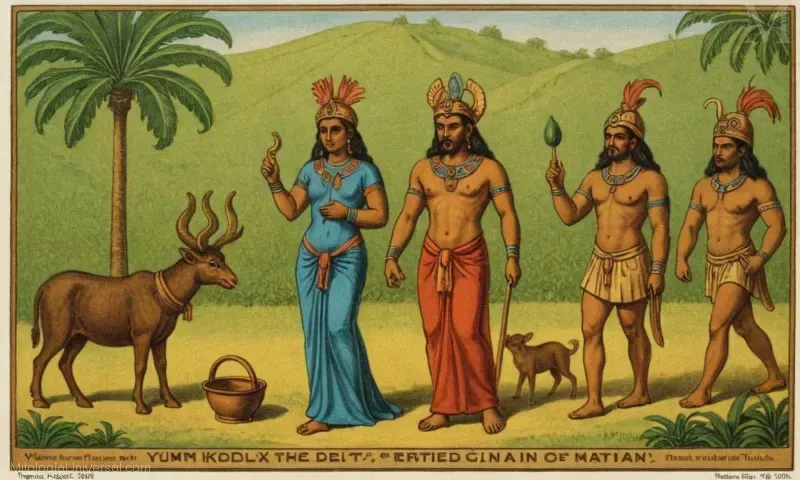 Ilustración vintage de Yum Kaax (la deidad mencionada), figura en los rituales de agricultura maya y fertilidad. Esta breve descripción describe brevemente el papel desempeñado por esta deidad en la creación del mundo según la cosmología maya.