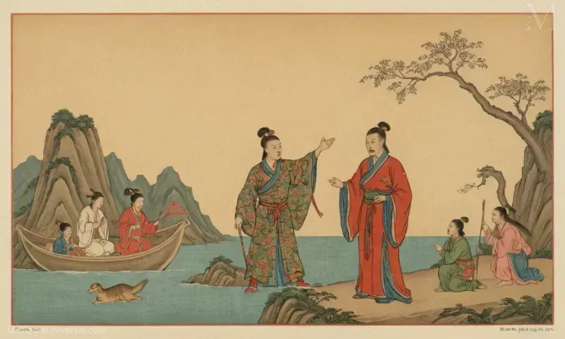 Vintage ilustración de Orígens míticos y primeras representaciones del maestro zhang guolao: creador y legado Taoísta.