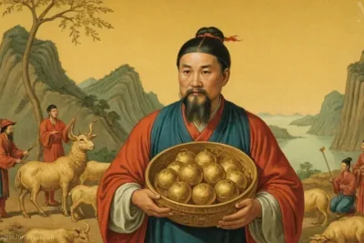 Ilustración vintage de Zhao Gongming de la mitología china representada como artista o agricultor con oro. Representa la deidad de la prosperidad y la riqueza.