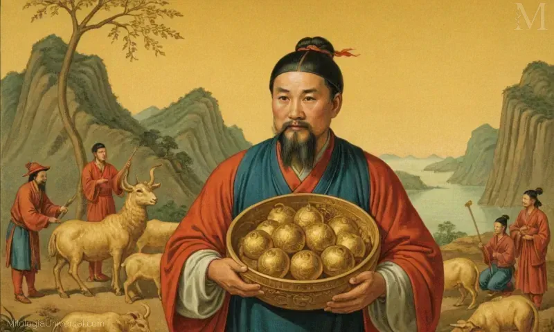 Ilustración vintage de Zhao Gongming de la mitología china representada como artista o agricultor con oro. Representa la deidad de la prosperidad y la riqueza.