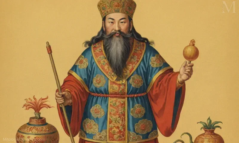Vintage ilustración de Zhao Gongming, el dios chino de la riqueza y la prosperidad, reverenciado en diferentes tradiciones alrededor del mundo.
