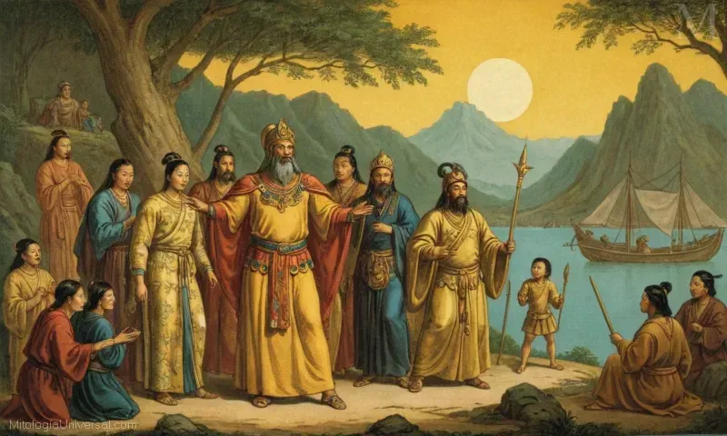 Ilustración de Orígenes y la leyenda de Bigan de Zhao Gongmings mitología sobre dioses ricos en oro.